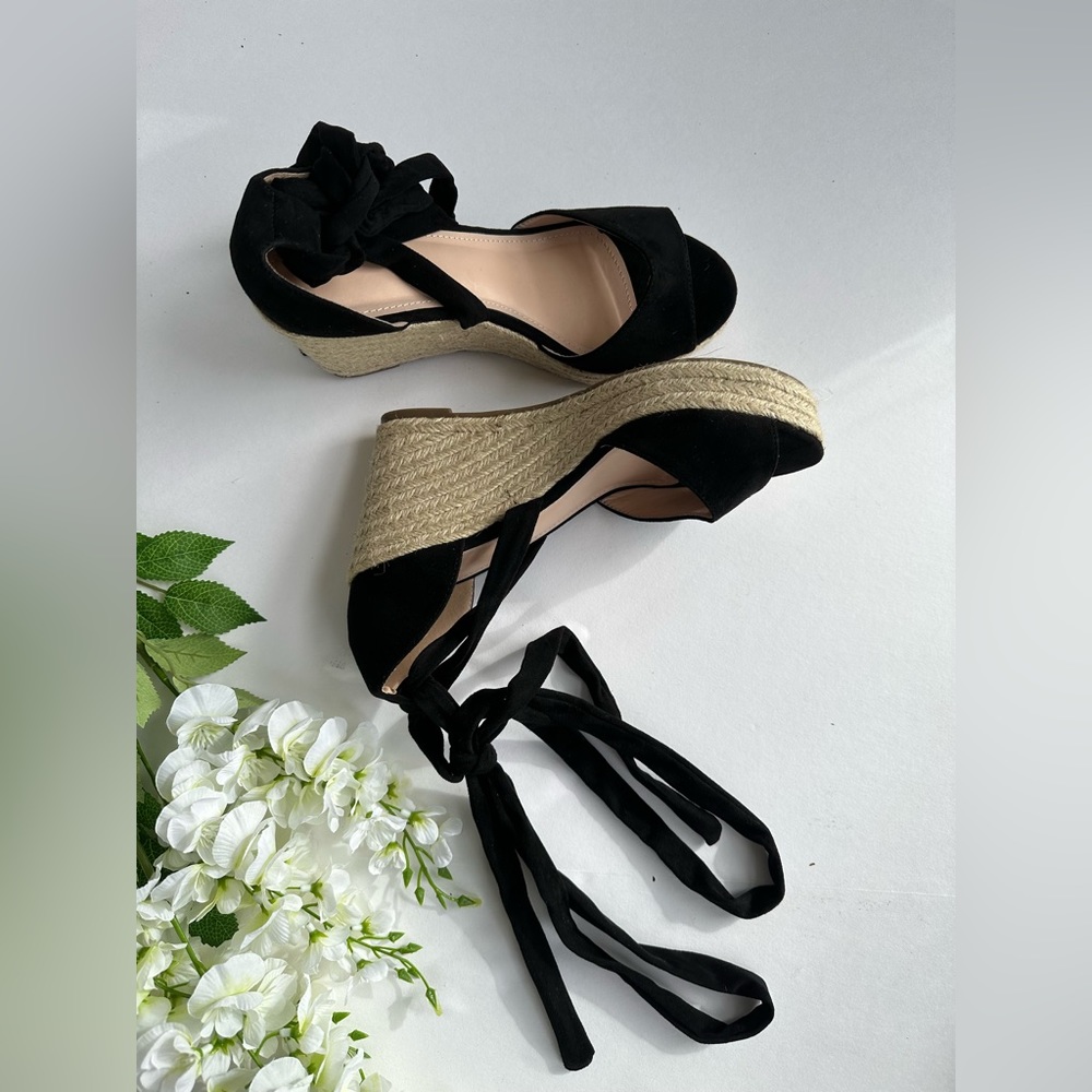 Strappy Platforms Espadrilles Womens Size 10 Black Wedge Heels